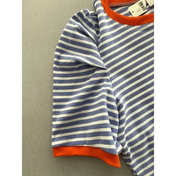 Maeve Anthropologie Sz XL Puff Sleeve Ribbed T-Shirt Blue Striped Casual Preppy - Picture 7 of 12